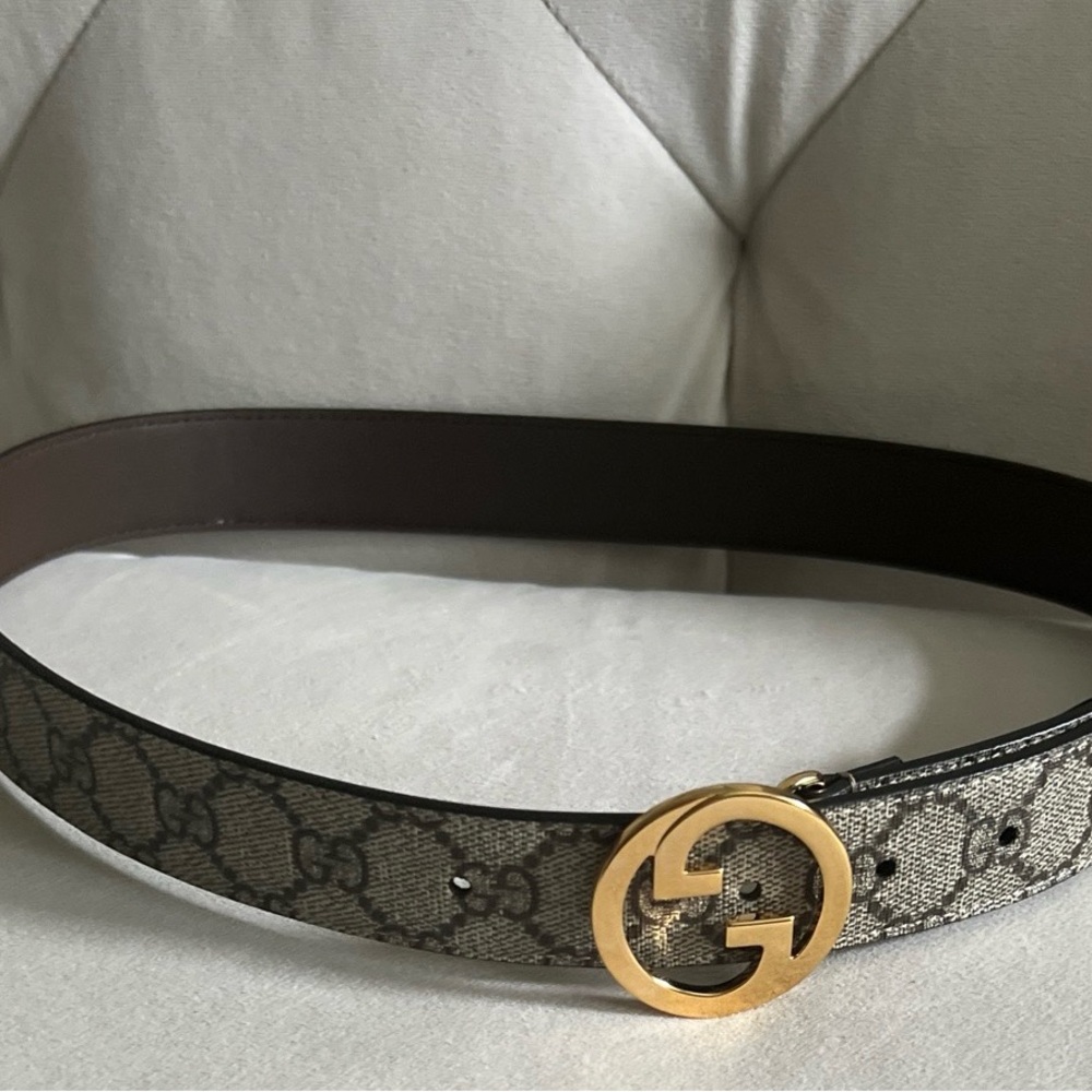 Gucci Brown GG Canvas Belt with Gold Double G Buckle (Monogram) - Picture 12 of 16
